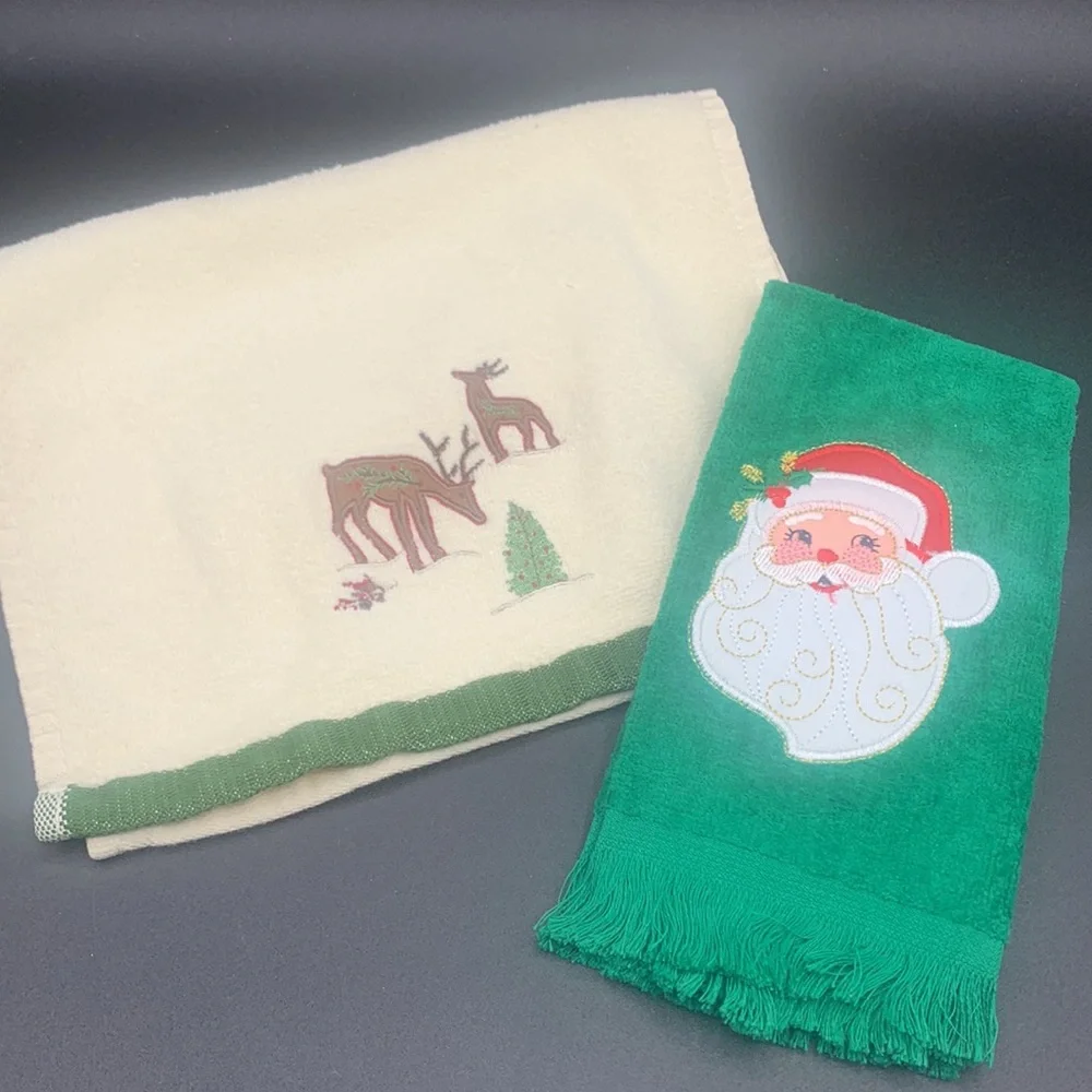 Six Vintage Fringed Christmas Tree Santa Bells Deer Holly Hand Finger Towels